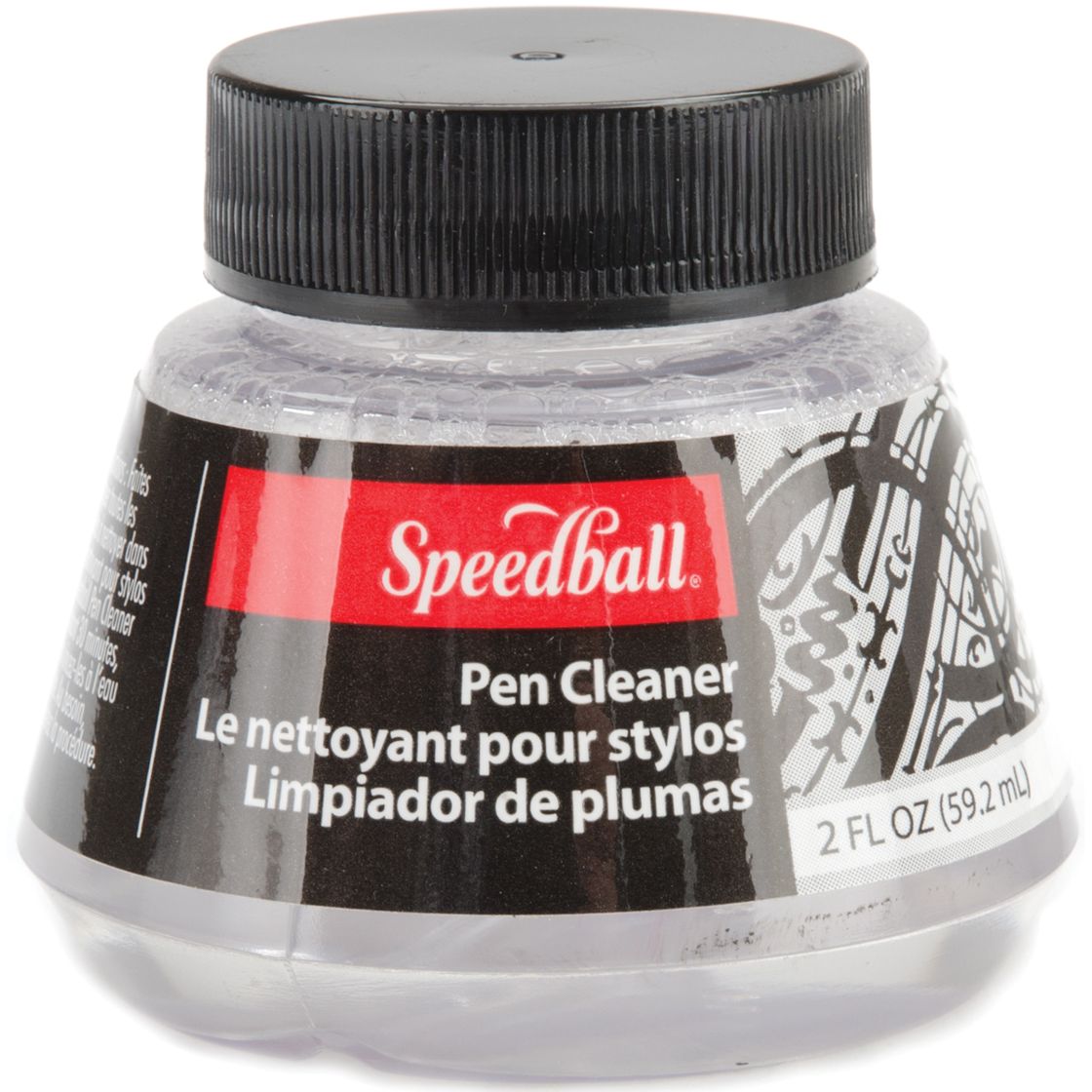 Speedball pen cleaner jar with black lid on a white background