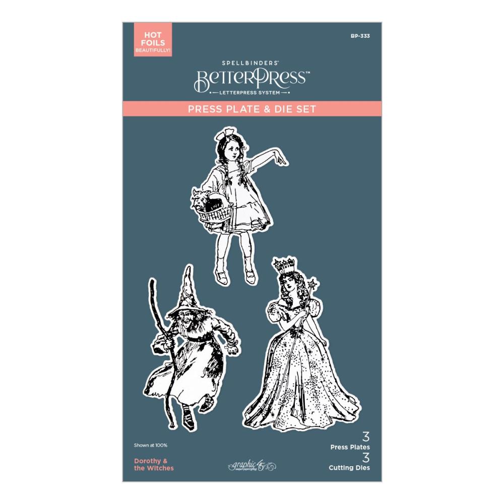 Spellbinders BetterPress press plate and die set with illustrations of Dorothy and witches on a blue background.