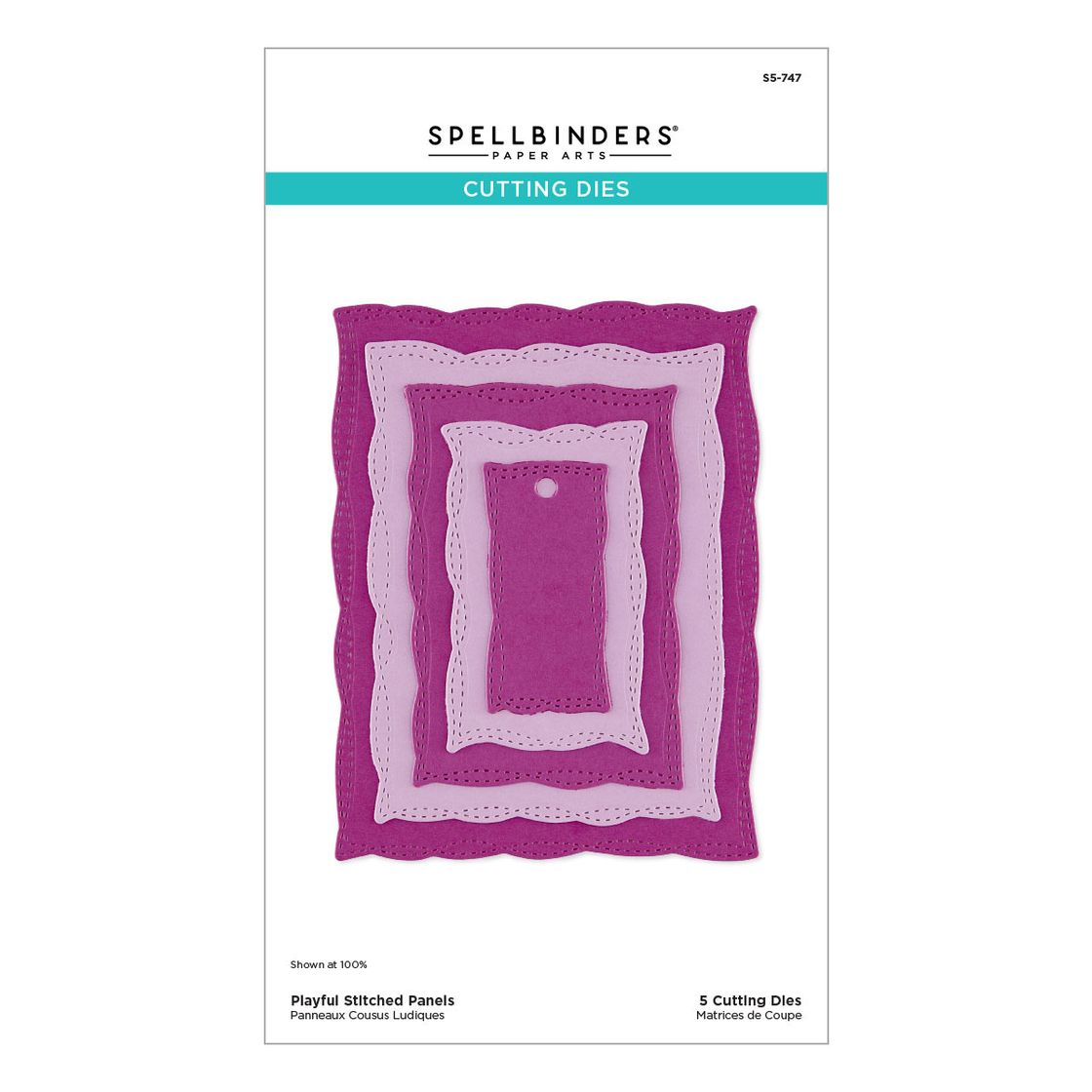 Spellbinders cutting dies packaging with a purple and white die cut panel on a white background