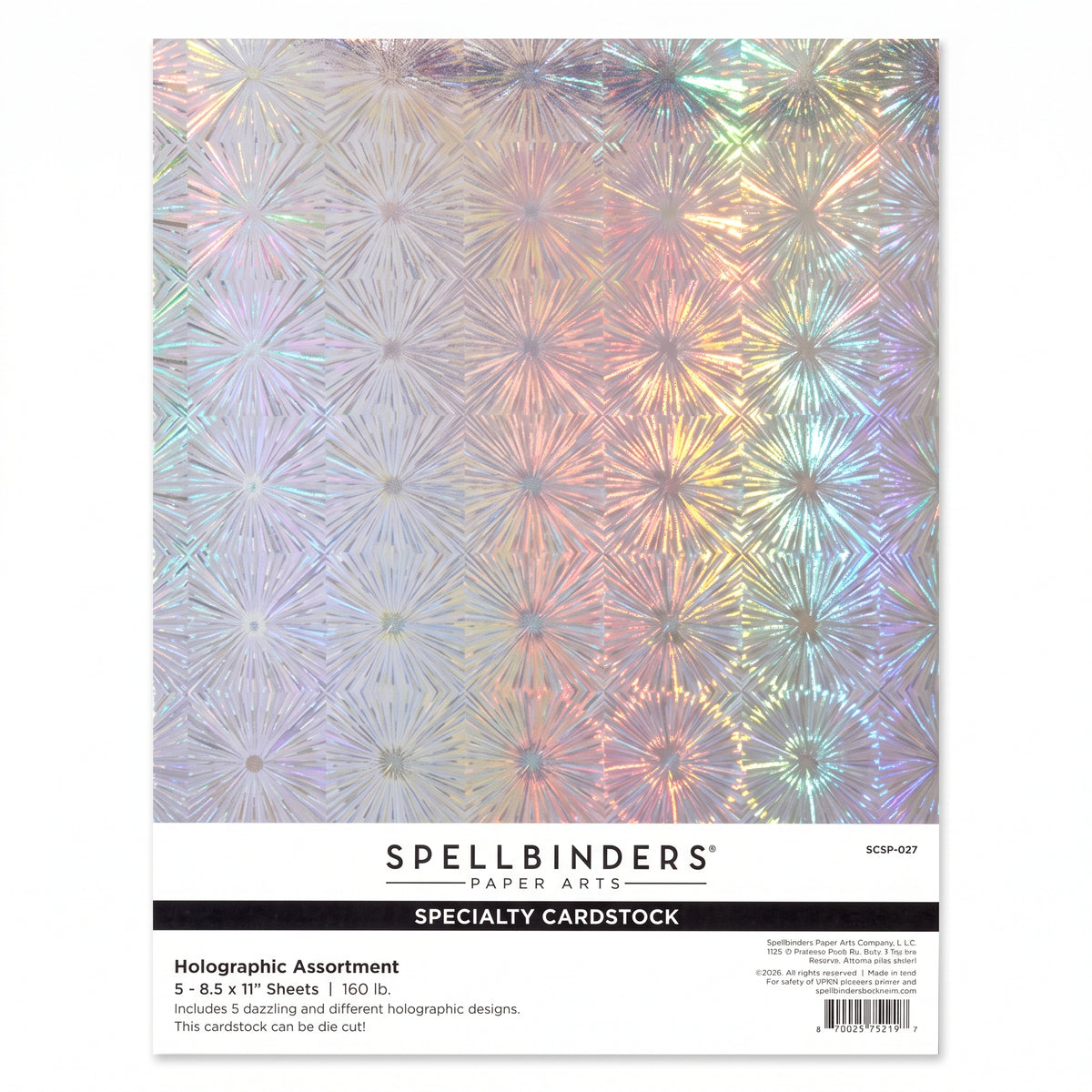 Spellbinders Paper Arts Specialty Cardstock pack featuring a holographic foil design with a repeating starburst pattern in iridescent silver, gold, pink, and blue tones, with a white label band at the bottom.