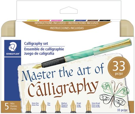 Staedtler calligraphy set packaging with pen and nibs on a white background