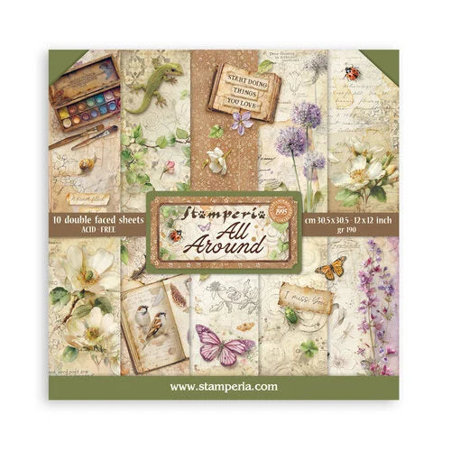 Stamperia 'All Around' paper pack with nature-themed designs on a white background