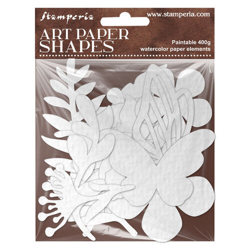 Packaged art paper shapes with floral designs on a brown background