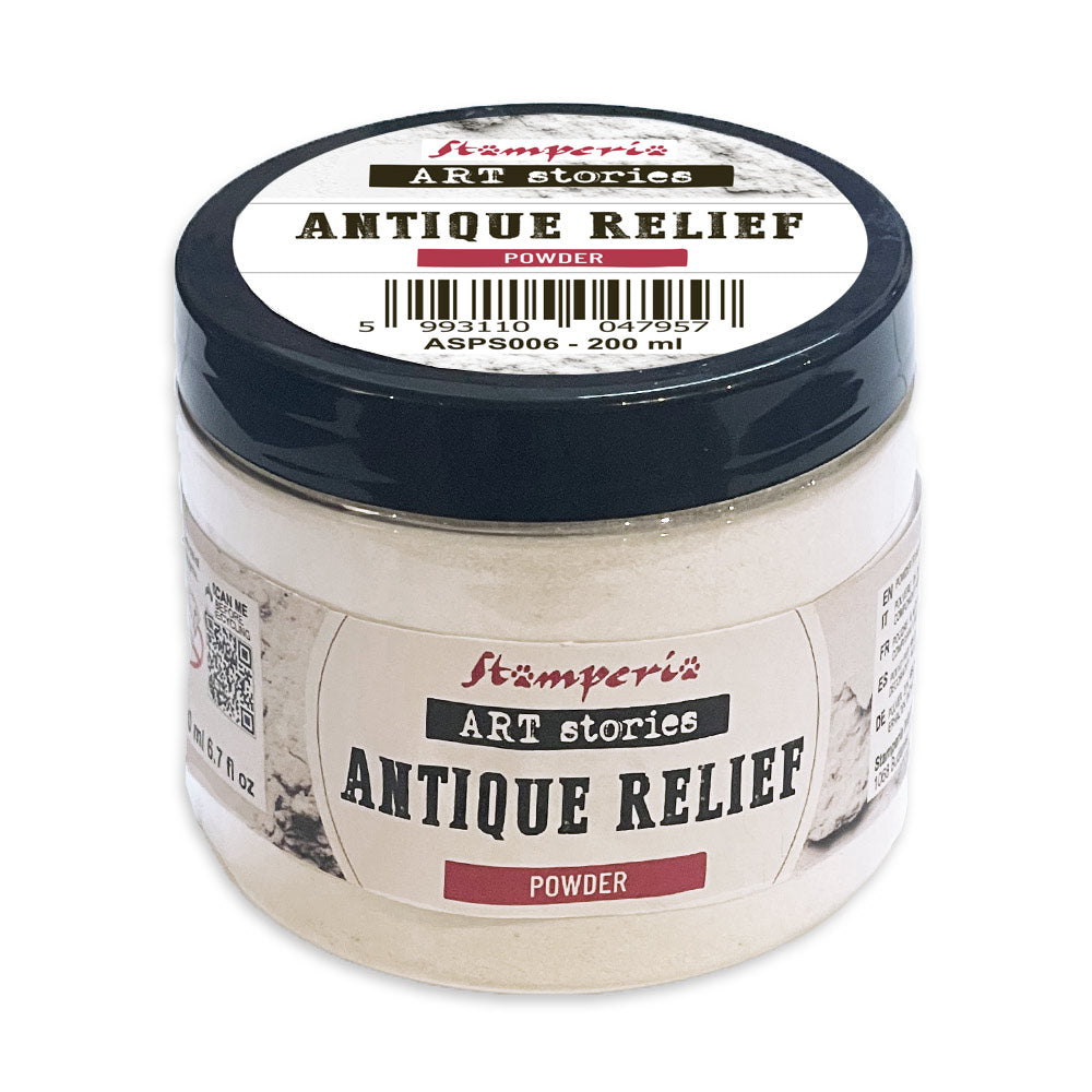 Jar of Stämperiés Antique Relief Powder adds dimension and shine to your project