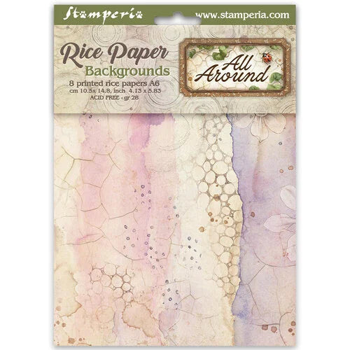 Packaging of Stamperia rice paper backgrounds with text and images on a white background