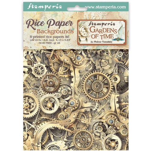 Packaging of Stamperia Gardens of Time rice paper backgrounds with mechanical design.