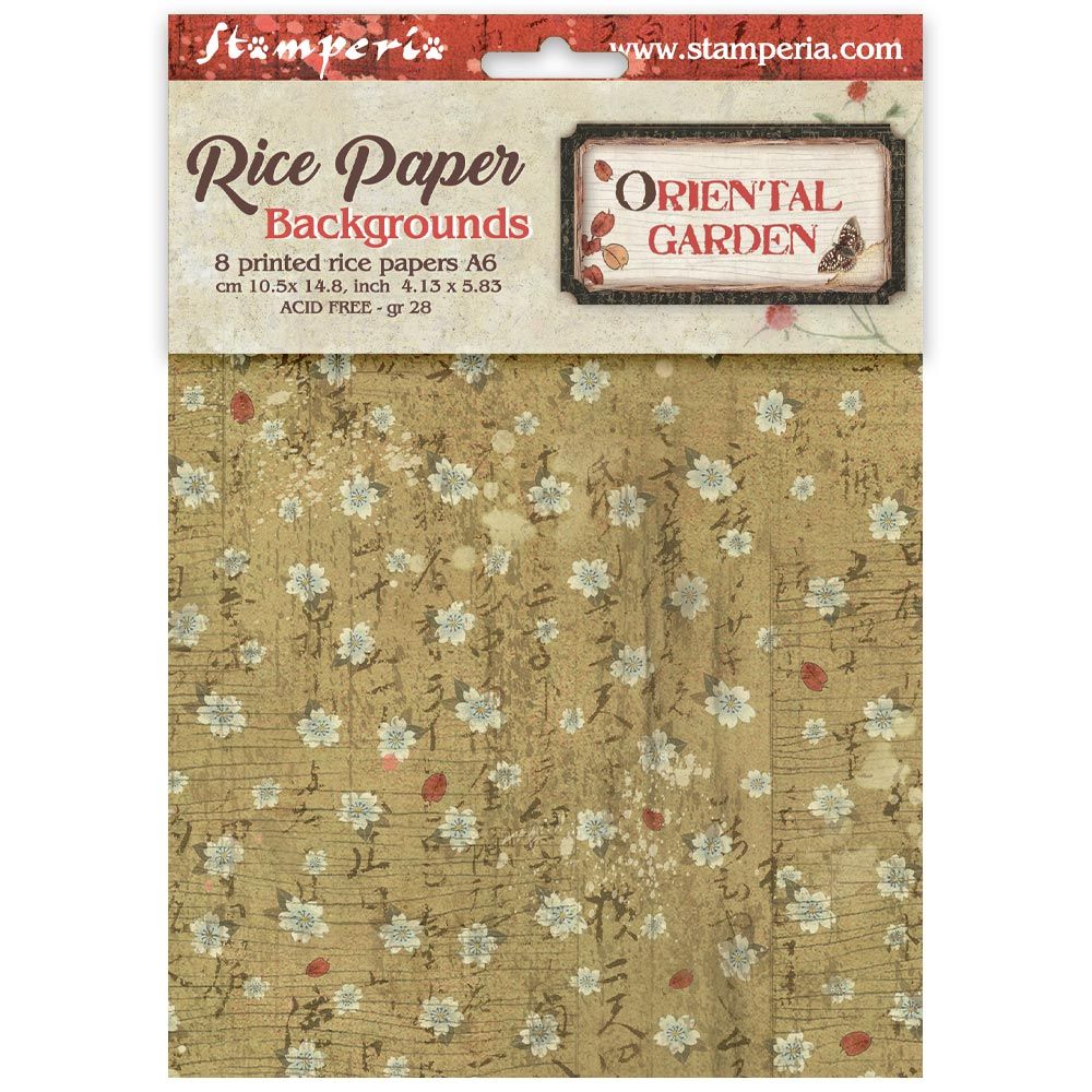 Packaging of Stamperia rice paper backgrounds with 'Oriental Garden' design.