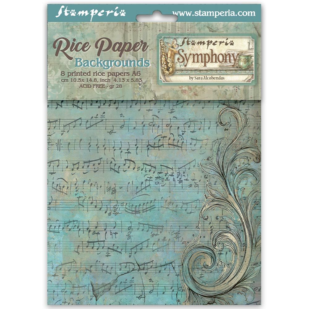Packaging of Stamperia Symphony rice paper backgrounds with musical notes and decorative elements.