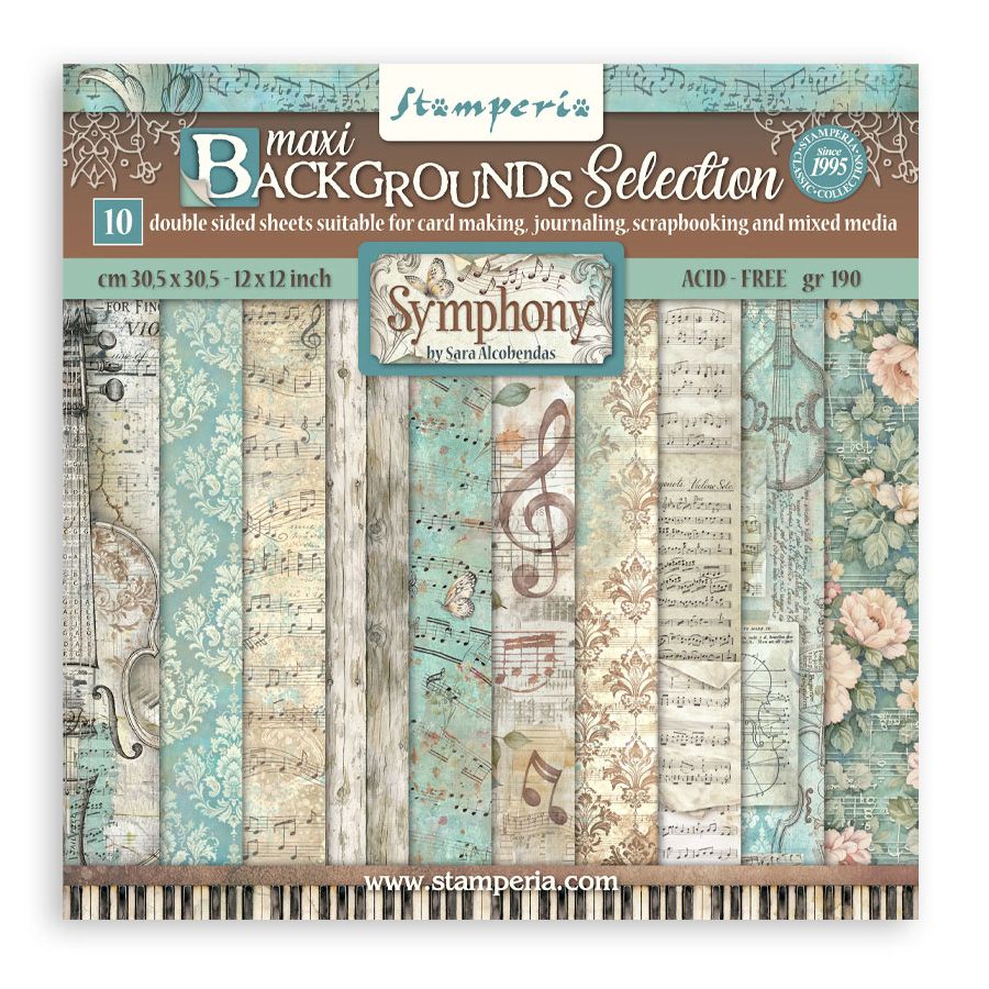 Pack of Stamperia Symphony paper with musical and floral designs on a white background