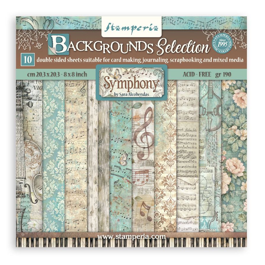 Pack of Stamperia Symphony paper with musical notes and decorative patterns on a white background