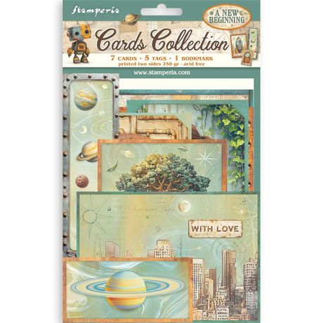 Packaging of Stamperia Cards Collection with various designs and text on a white background