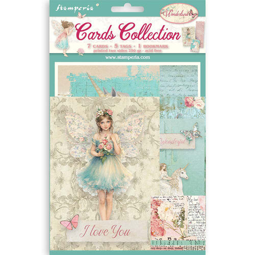 Stamperia fairy-themed card collection packaging with a girl holding flowers and a unicorn.