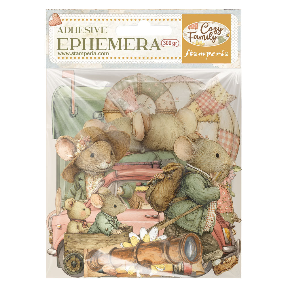 A package of Stamperia 'Adhesive Ephemera' craft paper featuring a whimsical illustration of a family of mice around a pink car, with a telescope, patchwork elements, and autumn-themed details.