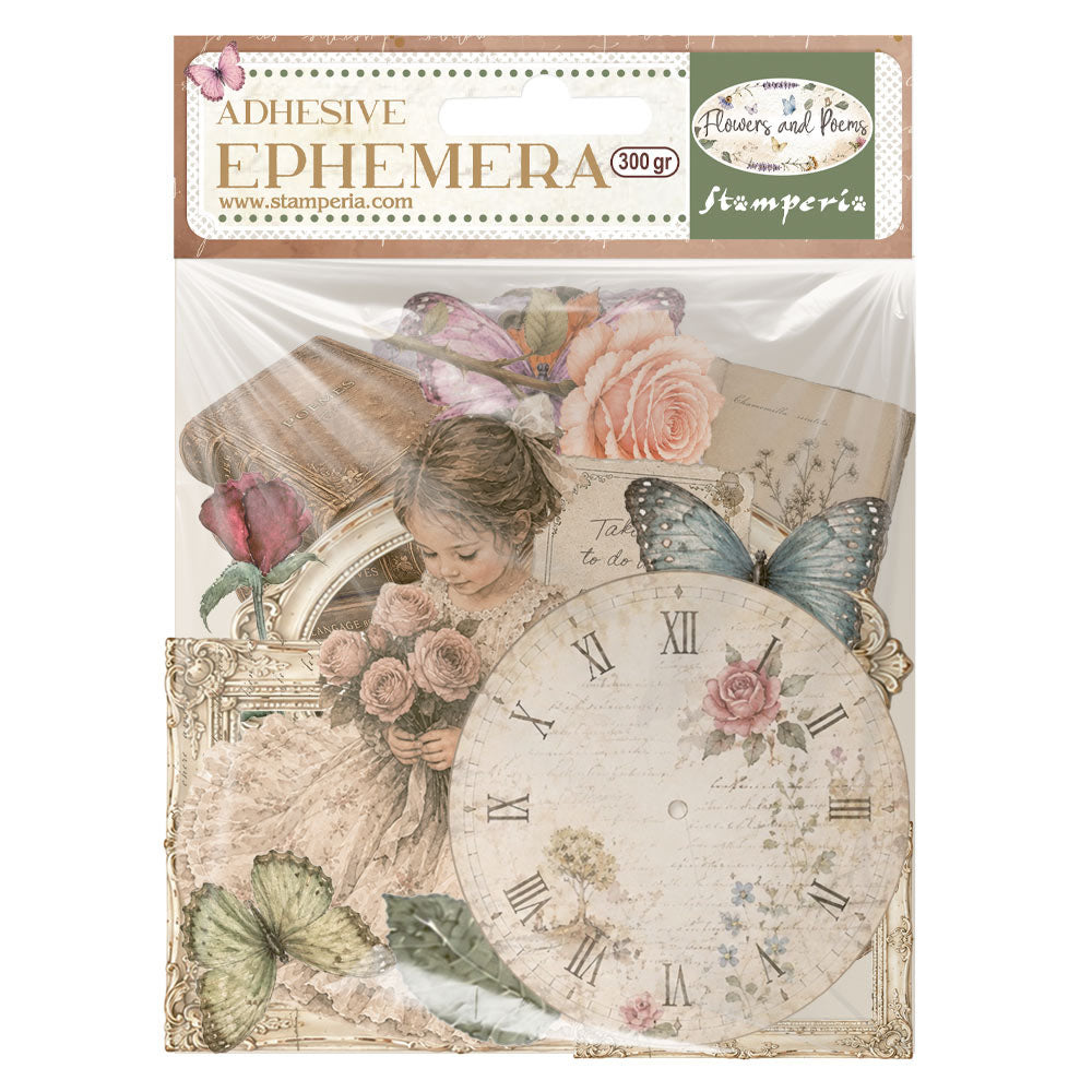 A package of Stamperia 'Adhesive Ephemera' scrapbooking paper featuring vintage-style collage designs with a clock, roses, butterflies, and a young girl illustration.