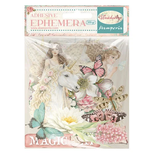 Packaging of Stamperia adhesive ephemera with fairy, unicorn, and butterflies design.