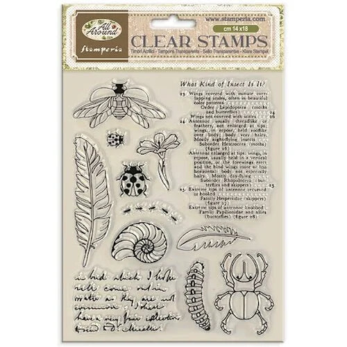 Bugs, feather, script stamp on white background