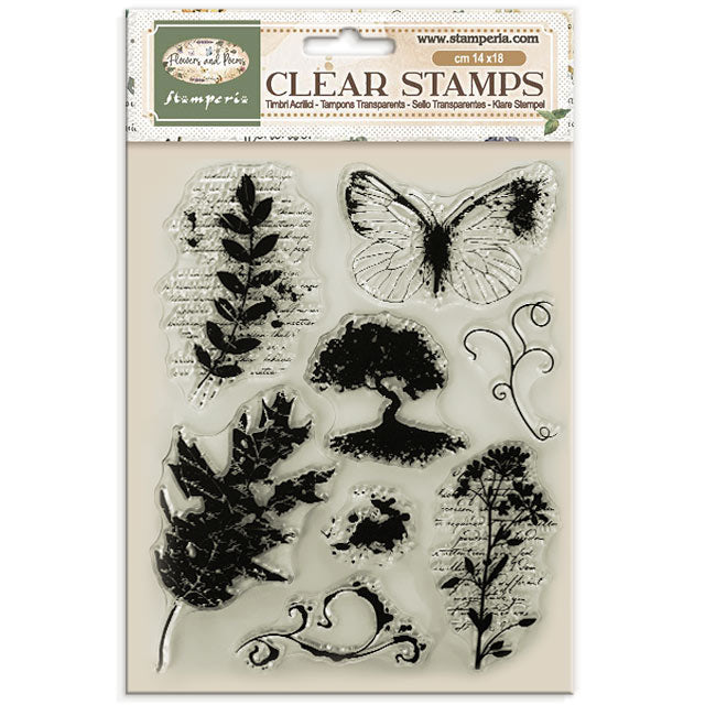 Stamperia Clear Stamps in a 14 x 18 inch package, featuring botanical designs including a butterfly, leaves, tree, flowers, and decorative swirls on a beige backing card.