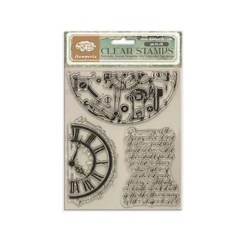 Clear stamps with clock and mechanical design on a white background
