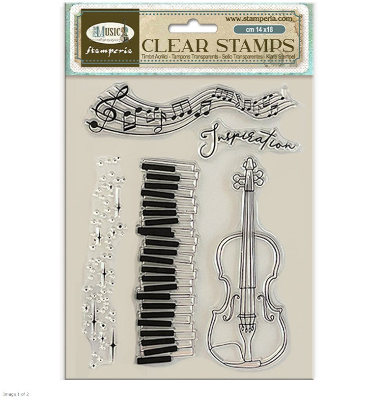Clear stamps with musical theme including violin, piano keys, and music notes on a beige background.
