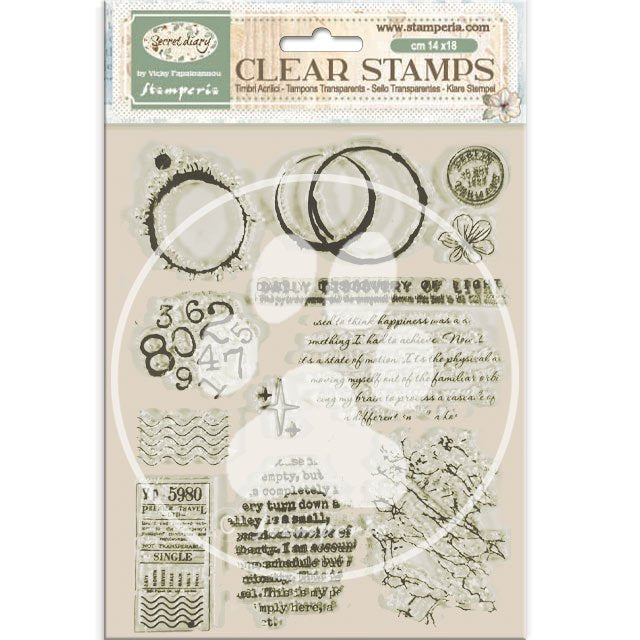 Clear stamps set with various designs on a beige background