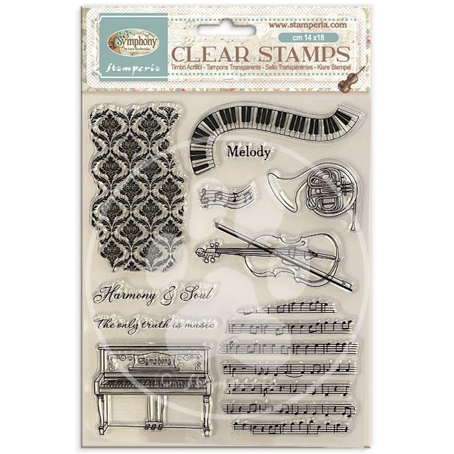Package of clear stamps with musical-themed designs on a white background