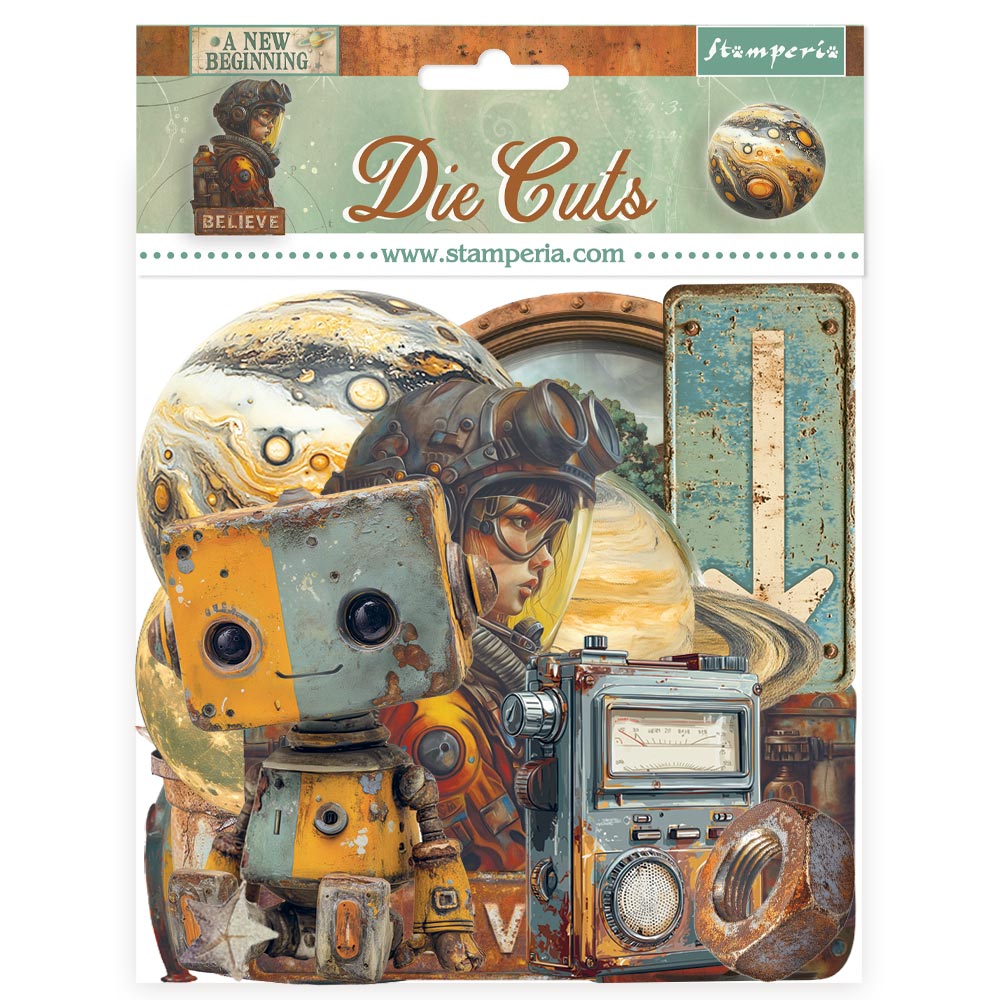 Stamperia die cuts packaging with robot and vintage camera design