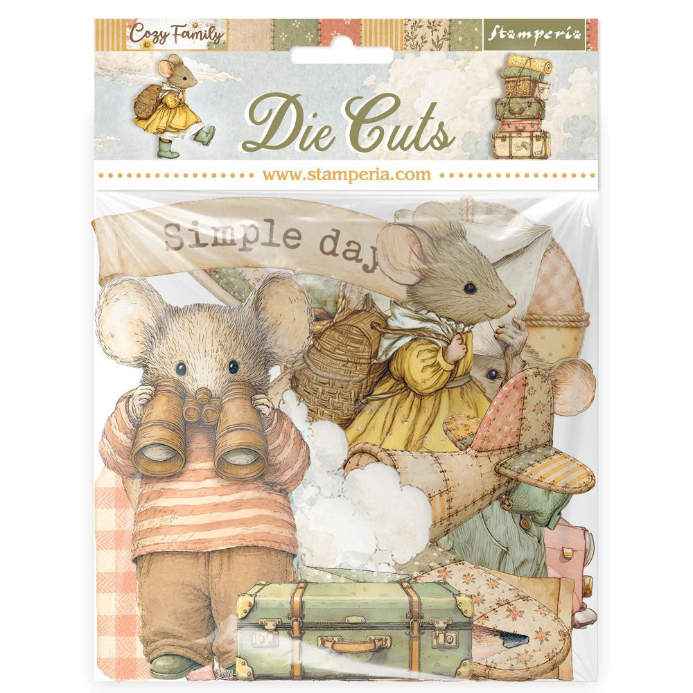 Stamperia Cozy Family 'Die Cuts' paper pack featuring cute illustrated mice with vintage luggage and travel-themed elements, packaged in a clear plastic bag with a decorative header card.
