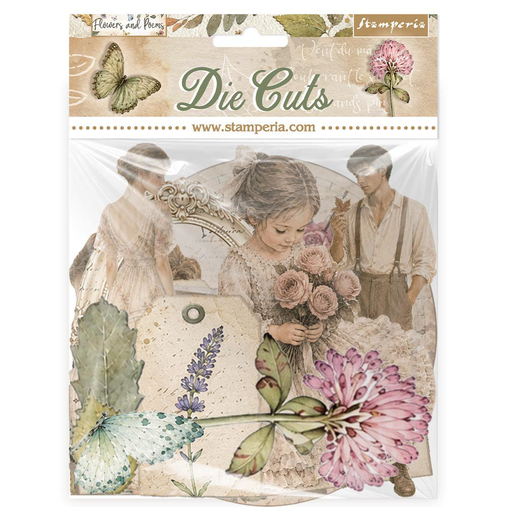 A packaged sheet of vintage-style die-cut scrapbook paper from Stamperia, featuring sepia-toned figures, flowers, butterflies, and decorative text on the header card.