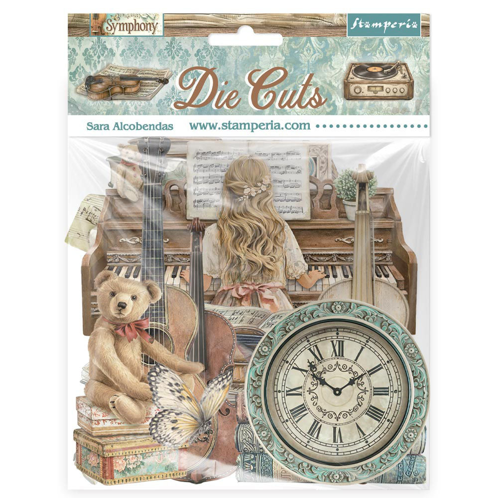 Packaging of Stamperia die cuts with a woman at a piano and teddy bear, featuring the brand name Stamperia.