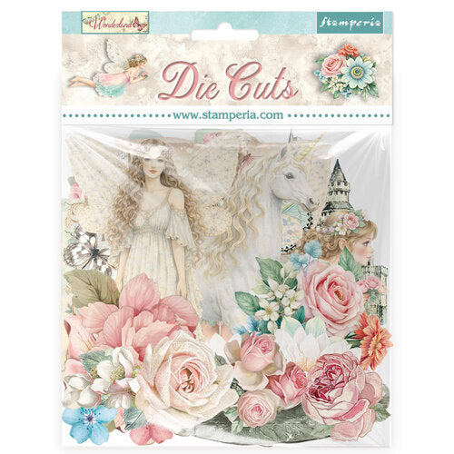 Stamperia die cuts packaging with fairy, unicorn, and floral design on a white background