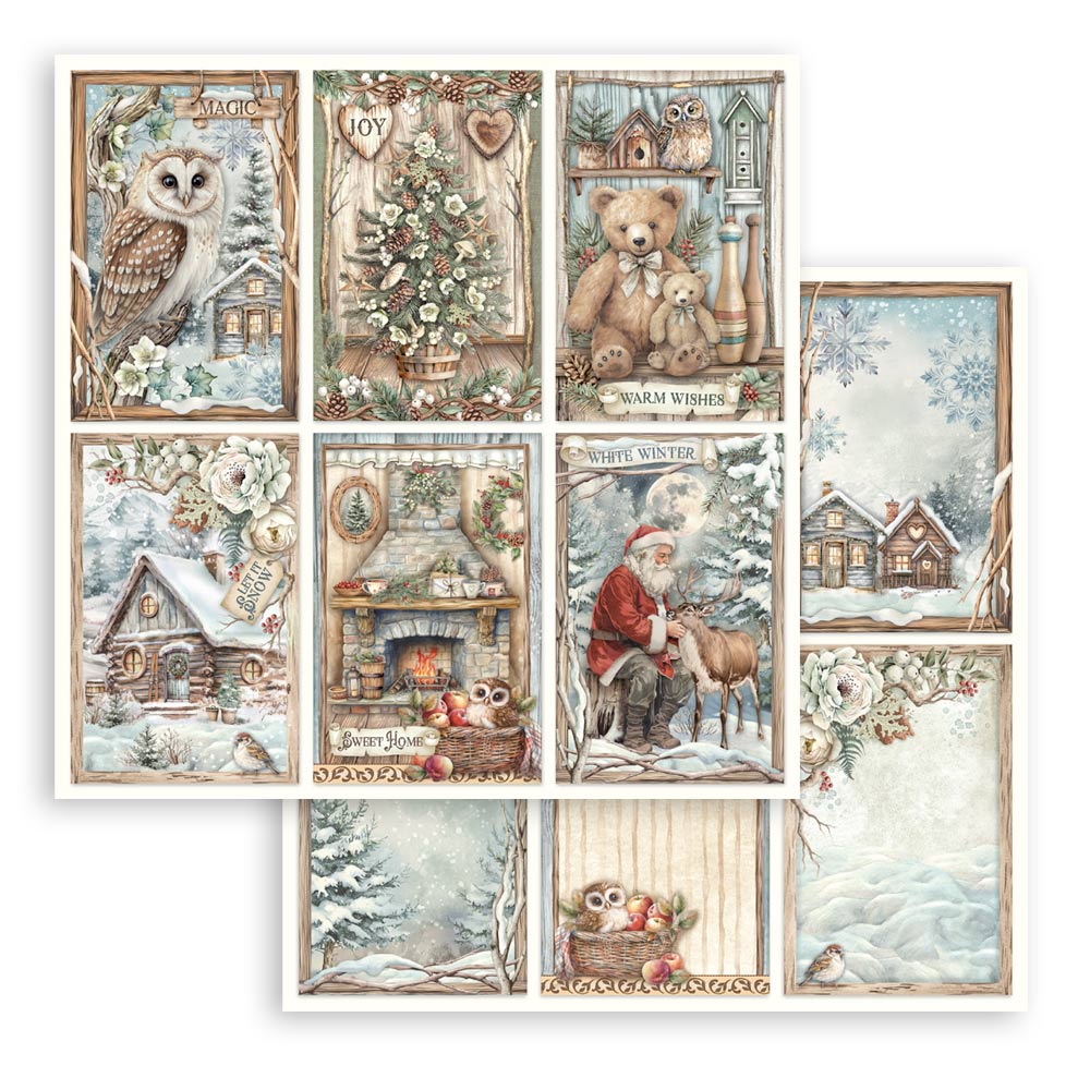 Set of Christmas-themed cards on a sheet of cardstock featuring winter scenes, animals, and Santa Claus.