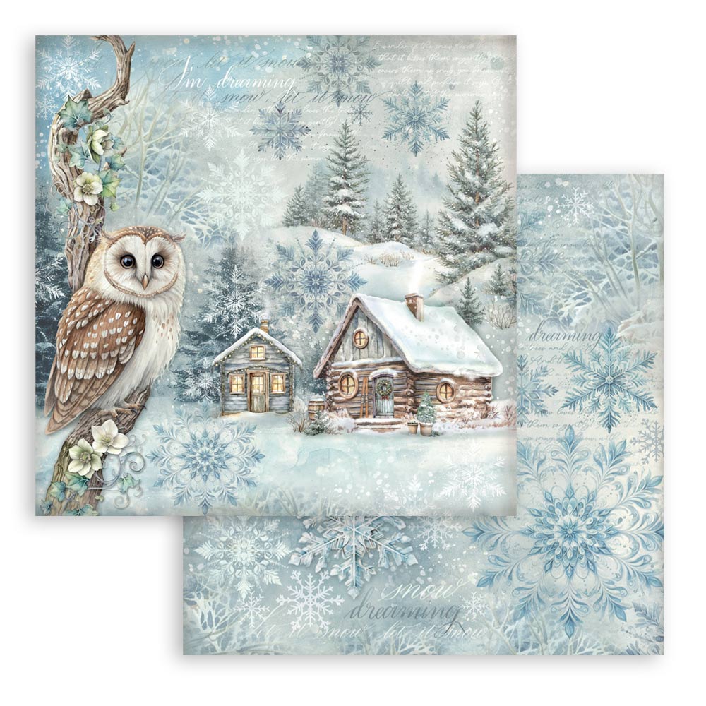 Winter scene with owl and snow-covered cabin on decorative paper