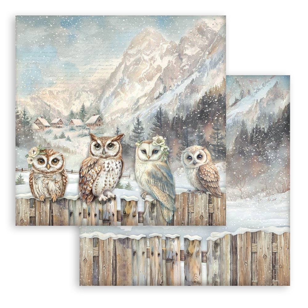 Four owls on a wooden fence with a snowy mountain landscape in the background