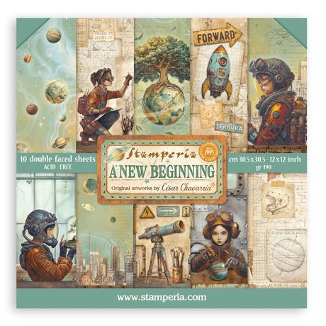 Stamperia 'A New Beginning' paper pad packaging with artistic illustrations and text.