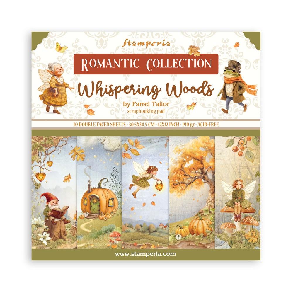 Stamperia Romantic Collection Whispering Woods scrapbooking pad packaging with illustrations of fairies and nature.