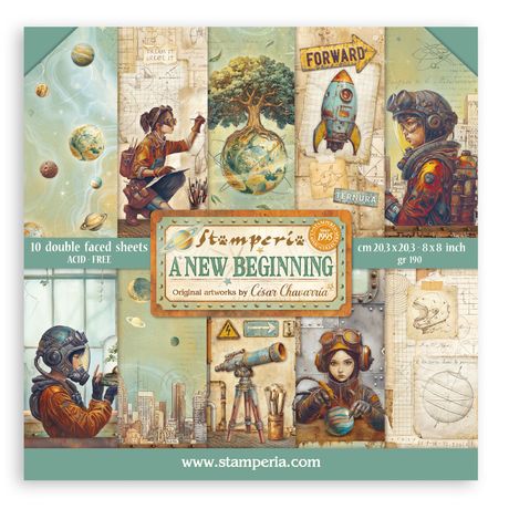 Stamperia 'A New Beginning' paper pad with artistic designs and text on a white background