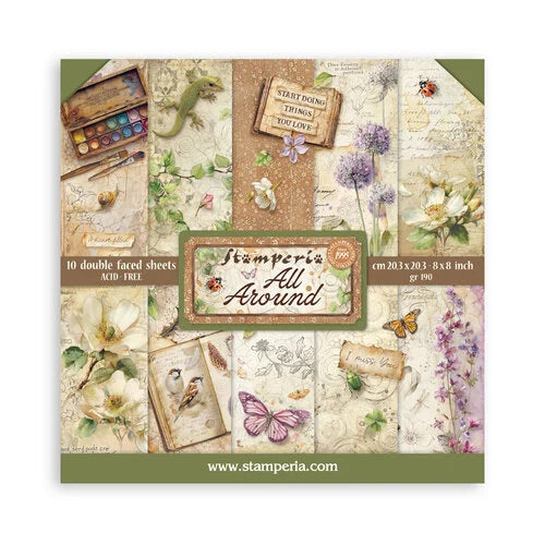 Stamperia 'All Around' paper pack with floral and nature-themed designs on a white background.