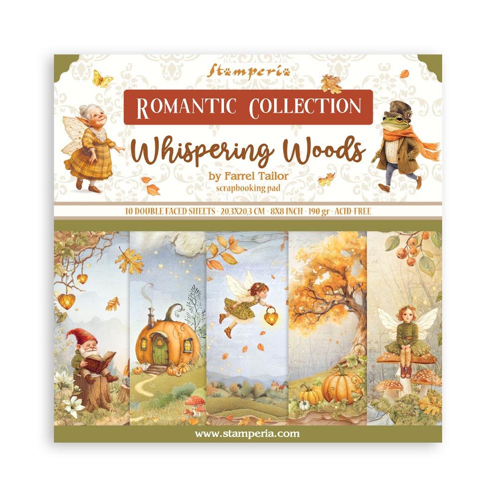 Stamperia Romantic Collection Whispering Woods scrapbooking pad packaging with illustrations of fairies and nature.