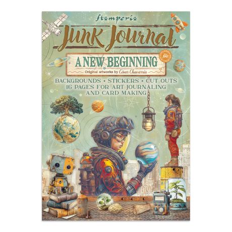 Junk Journal book cover with futuristic design and text on a white background