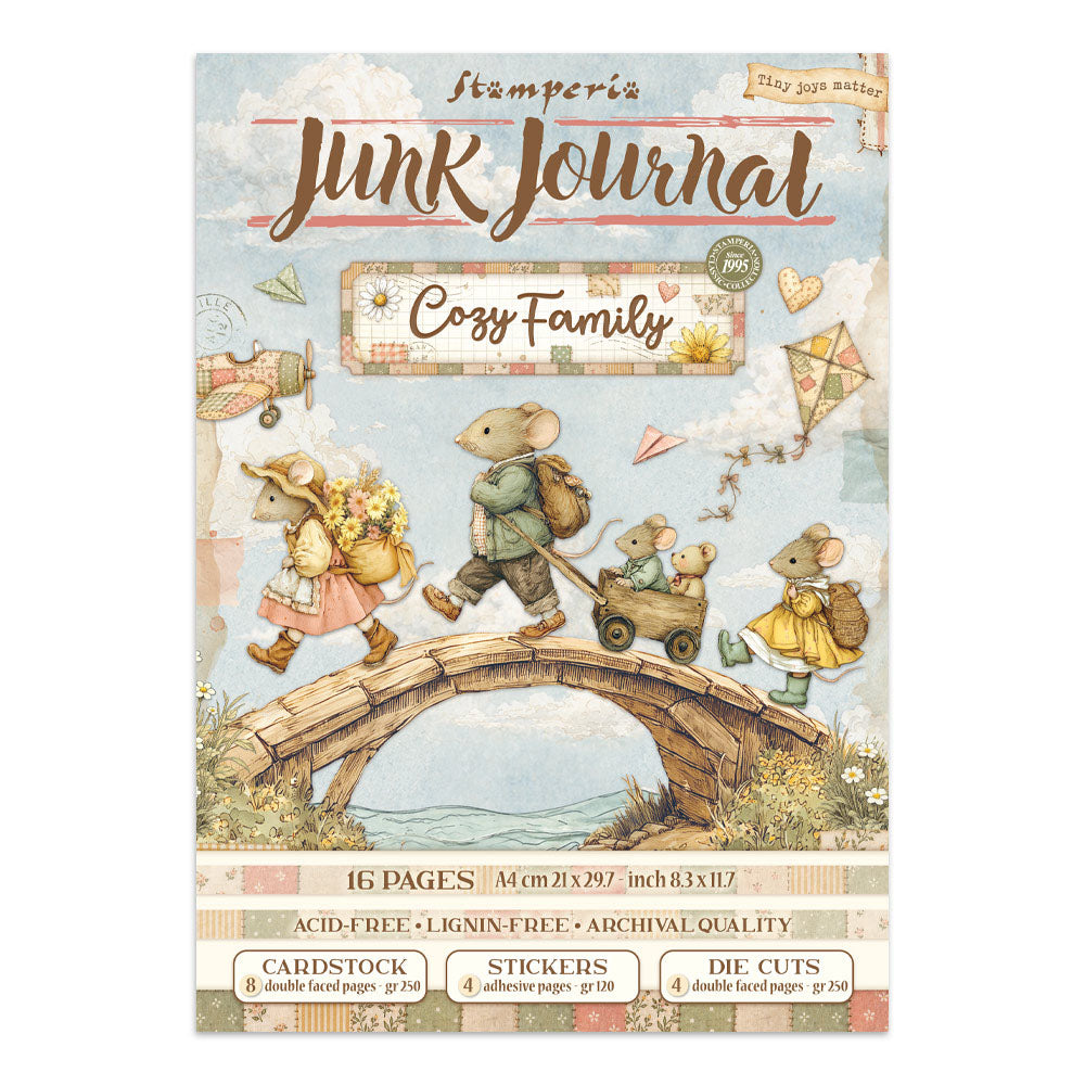 Stamperiz 'Junk Journal' Cozy Family scrapbooking paper pack, featuring a vintage-style illustration of three mice crossing a stone bridge over water, with a blue sky background and retro-themed text banners.