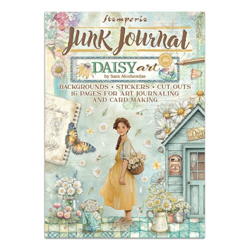 Junk Journal book cover with a girl, flowers, and a house illustration on a white background