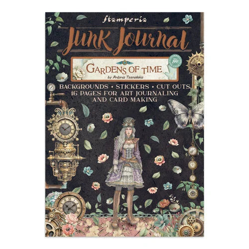 Stamperia Junk Journal titled 'Gardens of Time' with decorative elements on a black background.