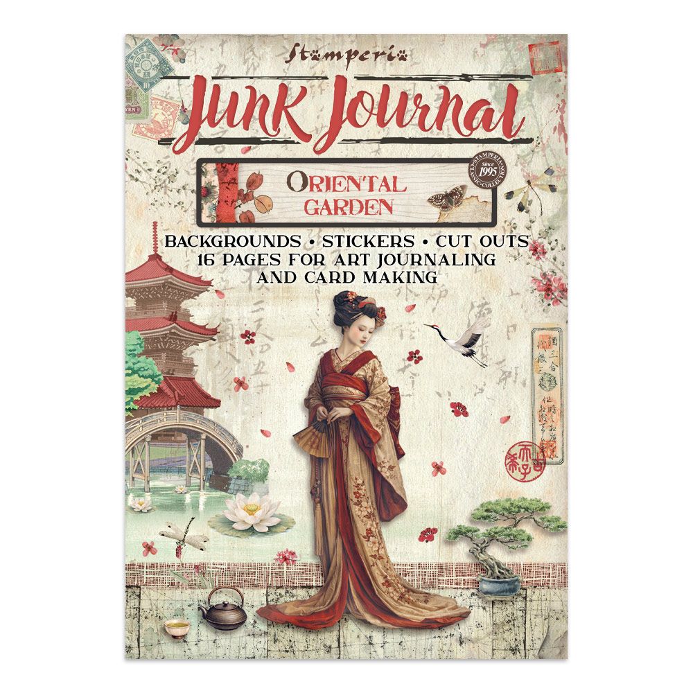 Stamperia Junk Journal Oriental Garden with a woman in traditional attire and garden elements.