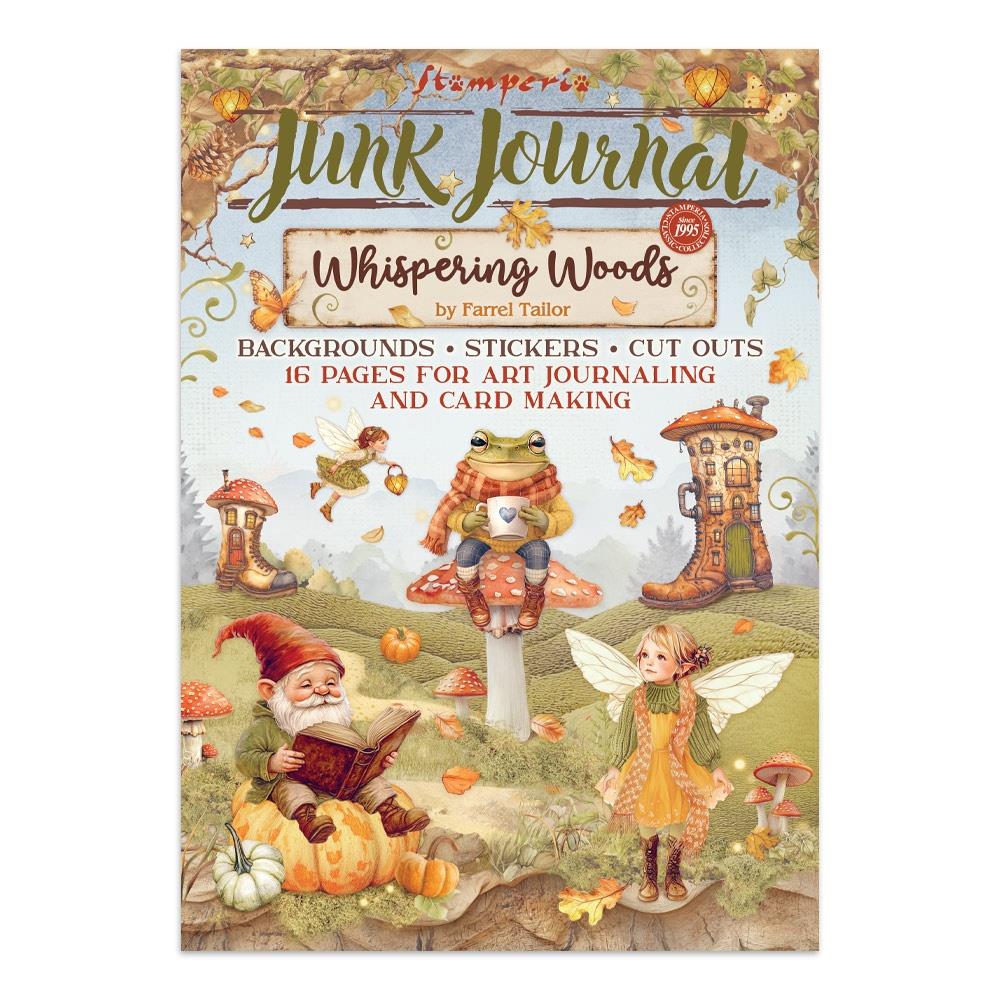 Junk Journal book titled 'Whispering Woods' with illustrations of gnomes and fairies on a white background.