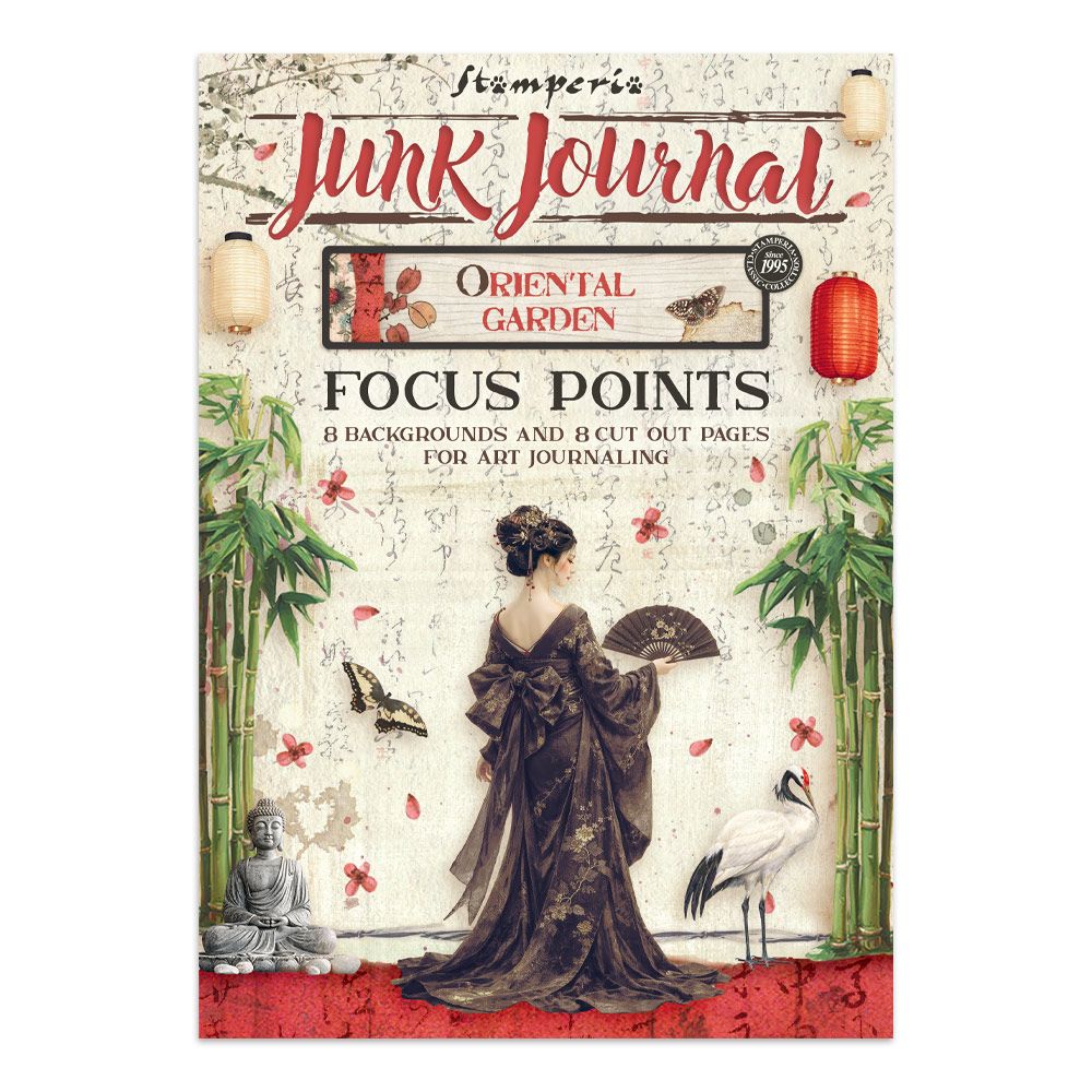 Stamperia Junk Journal with oriental garden design featuring a woman in a kimono.