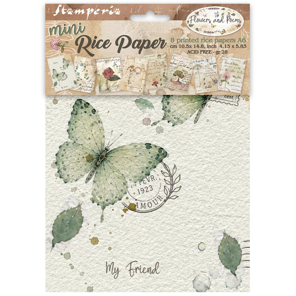 A package of Stamperia mini Rice Paper featuring a watercolor butterfly and leaf design on the paper sample, with a vintage-style header card showing the brand and product details.
