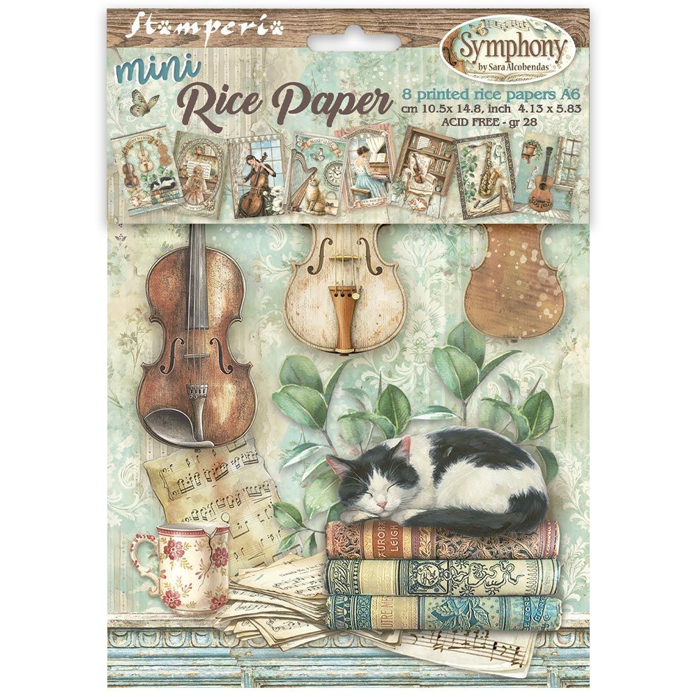 Package of Stamperia Symphony mini Rice Paper with musical instruments and a cat on books.
