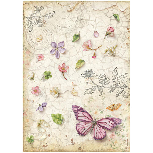 Decorative paper with pink butterfly and floral design on a textured background