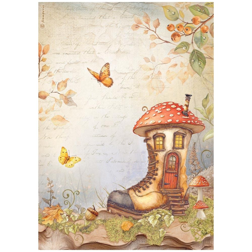 Illustration of a mushroom-shaped house with a red cap and yellow stem, surrounded by butterflies and autumn leaves.