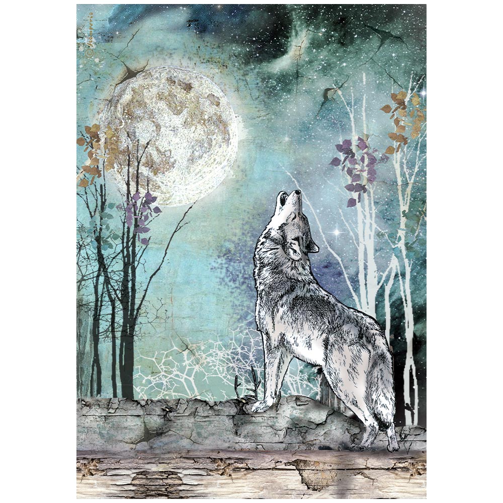 Stamperia Rice Paper Sheet A4 - Cosmos - Wolf and Moon